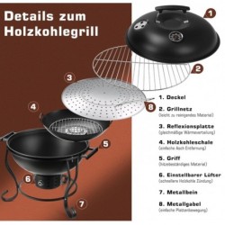 TOKTOO Tragbarer Holzkohlegrill mit Abdeckung für Grill,Camping,Garten