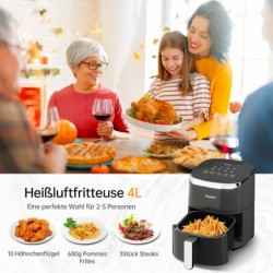 Fabuletta Heißluftfritteuse 4L,Digitalem LED-Touchscreen AirFryer(Schwarz)