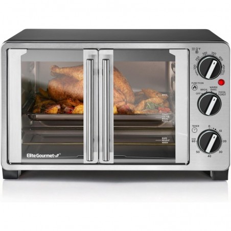 Elite Gourmet ETO2530M Toasterofen mit Doppeltür, für die Arbeitsplatte, Backen, Grillen, Toasten, Warmhalten, für 12-Zoll-Pizza, 25 l Fassungsvermögen, Edelstahl und Schwarz