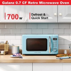 Galanz GLCMKZ07BER07 Retro-Mikrowelle für die Arbeitsplatte, mit automatischem Kochen und Aufwärmen, Auftauen, Schnellstartfunktionen, einfacher Reinigung mit Glasdrehteller, Zuggriff, 7 Kubikfuß, blau